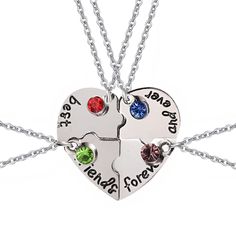 PRICES MAY VARY. ♥ Package Content: 4 pieces best friends forever and ever friendship necklaces, and come with a jewelry box. ♥ Size: Chain length: 50cm/19.7inches; Heart pendant size: 4.5*4.5cm/1.8*1.8 inches; Proper size, fit for most of people. ♥ Material: This best friends jewelry set is made of alloy and colorful rhinestones, durable and beautiful, great for long time use. ♥ Show Your Love: This is a friendship necklace set, a great gift to show your love to friends, it means forever true l 4 Way Friendship Necklace, Friendship Necklaces For 4, Friends Clothing, Friendship Heart, Friends Jewelry, Forever Necklace, Puzzle Jewelry, Friendship Necklace, Bff Necklaces