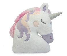 a white stuffed unicorn with pink and purple manes