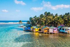 colorful beach huts line the shore of a tropical island with palm trees in the background