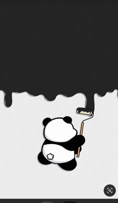 a panda bear holding a paintbrush in its mouth and dripping black paint on the wall