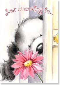 a watercolor painting of a girl holding a pink flower with the words just checking in