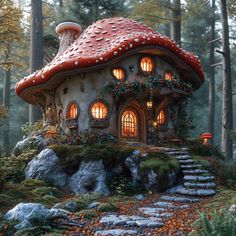 a fairy house in the woods with steps leading up to it