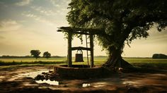 an old well in the middle of a dirt field with a tree and sky behind it