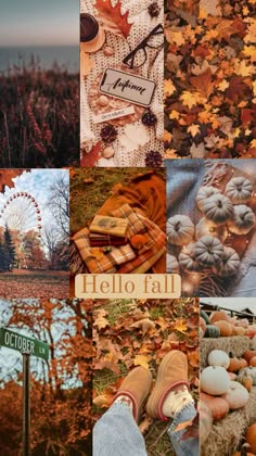 a collage of photos with autumn leaves, pumpkins and a ferris wheel in the background