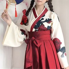 Color: One Top, Size: L Kimono Robes Pattern, Red Long Skirt, Japanese Costume, Kimono Floral, Long Sleeve Kimono, Bow Skirt, Kimono Yukata, Print Chiffon Dress, Fairy Clothes