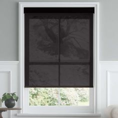 a window with black roller shades in a white living room, next to a plant