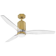 a ceiling fan that is gold and has two blades on the blades, one with a light