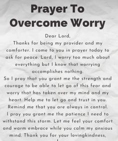 a prayer written in white paper with the words prayer to overcome worry on it's side