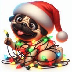 a pug dog wearing a santa hat with christmas lights