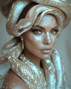 a beautiful woman with a snake on her head and make - up is posing for the camera