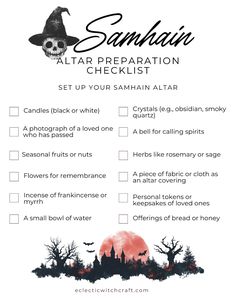 Setting up a Samhain altar? Our free printable checklist has everything you need, from candles and crystals to herbs and ancestor photos. Prepare your altar and invite the spirits to join your Samhain celebration. Download it now and create a space for magical workings and ancestral veneration. Samhain Invitations, Rituals For Samhain, Samhain Traditions Witches, Samhain Celebration Ideas, Samhain Candle Magic, How To Celebrate Samhain, Alter Set Up Witchcraft