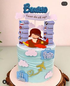 a cake that is sitting on top of a wooden stand with an airplane and name plate