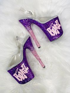 Handcrafted custom Nightshade Designs x Pleaser glitter heels in sparkling Ultraviolet with an ombré heel and Bratz in Baby Pink. Height Pictured: 8" Pleaser Heels Outfit, Pole Shoes, Exotic Shoes, Purple Stuff, Pleaser Heels, Chanel Art, Cute High Heels, Pole Dance Moves, Shoe Technology