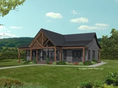 this is an artist's rendering of a small cabin style home with porches