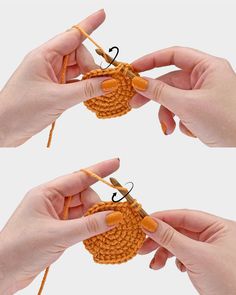 two hands crocheting an orange piece of yarn