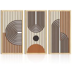 three wooden panels with different designs on the front and back, each featuring an abstract design