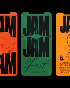 three bookmarks with the words jam jam fest written in black, orange and green