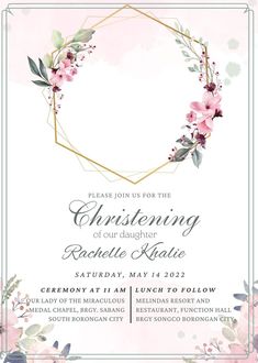 a wedding card with pink flowers and greenery in the center, on a white background