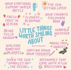 a poster with the words little things worth smiling about in different colors and font styles