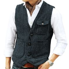 PRICES MAY VARY. Retro Tweed Vest --- This mens vest is made with tweed fabric to deliver casual comfort for a country feel. It’s great for creating a vintage gentleman style. Modern Vest Design --- Leisure simply style suit vest beautifully cut, excellent craftmanship, designed with 3 big pockets, 3 buttons front closure, adjustable back strap offers you more accurate fit. Recommended Pairing --- Men's suit dress vest waistcoat can easily match your shirt, suit, blazer, jacket. Definitely a gre Waistcoat Pattern, Cashmere Suit, Herringbone Tweed, Tweed Suits, Legging Outfits, Vest Fashion, Suit Vest, Plain Shirts, Cashmere Cardigan