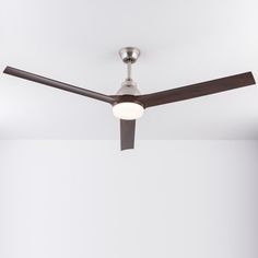 a ceiling fan in a white room with a light on it's side and a wall behind it