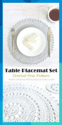 a crochet placemat set on a white table