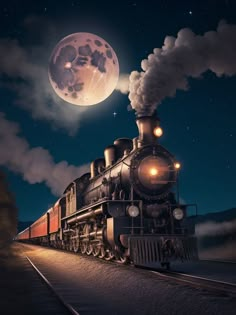 a train traveling down tracks under a full moon