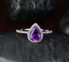 Engagement Ring Pave, Gem Rings, Amethyst Engagement Ring, Pave Solitaire Engagement Ring, Micro Pave Ring, Amethyst Ring Engagement, Purple Rings, Pave Engagement Ring, Purple Jewelry