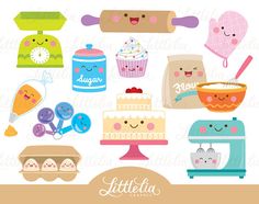 a bunch of items that are in the shape of a kitchen utensils and cakes