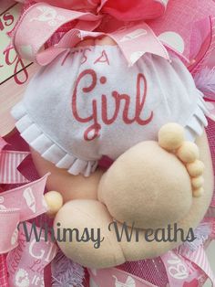 "This is a darling deco mesh wreath to announce the arrival of your precious baby! This wreath is a perfect decoration for a baby shower, gender reveal, hospital door, nursery door, or your front door when the baby arrives. The baby girl wreath is made with pink and white deco mesh and pink ribbons. The centerpiece is this cute little baby bottom. The bloomers says \"It's a Girl.\" I have caucasian and african american babies for girl - boy is currently out of stock. This wreath is made of poly Baby Wreath For Hospital Door, Baby Girl Wreath, Baby Boy Wreath, Baby Shower Wreath, Wreath For Door, Baby Wreath, Wreath Boxes, Hospital Door