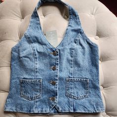 Denim Halter Vest Light Blue Sizes S, M, Xl Available Nwt Jean Vest Top, Ny Fits, Denim Vest Top, Thrift Wishlist, H&m Brand, Halter Vest, Brown Crop Top, Patterned Crop Top, Baby Graphic Tees