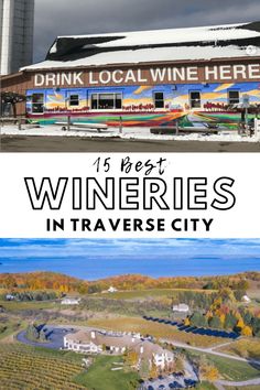 wineries in traverse city with the words drink local wine here and an image of a winery