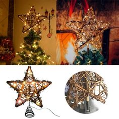 christmas tree toppers with lights and decorations on them, including a star ornament