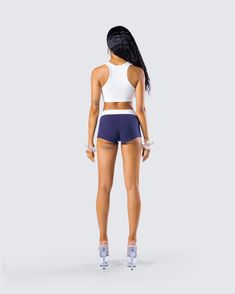 Being the hottest b*tch alive gets exhausting sometimes, don't forget to rest up 😏 This two-piece set featuring a white cropped tank paired with navy blue boy shorts is the perf look for some well deserved R&R 💙 Rest Up, Blue Boy, Black Off Shoulder, Graphic Top, White Jersey, Pocket Pants, White Mini Dress, Boy Shorts, Crop Tank