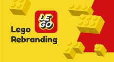 the lego logo is shown on a yellow background with red and white blocks around it