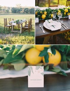 the table is set with lemons and greenery for an outdoor dinner party or reception