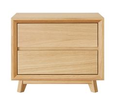 a wooden nightstand with two drawers on one side and an open drawer on the other