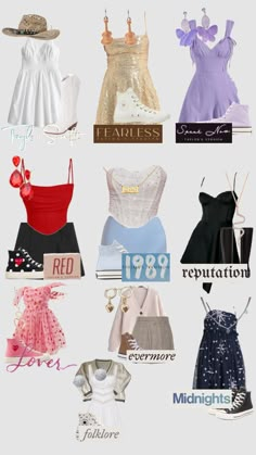 many different types of dresses and hats are shown in this image, with the names on them