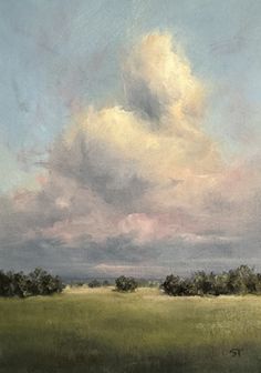 an oil painting of clouds over a field