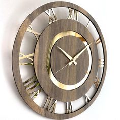 a wooden clock with roman numerals on the face is shown in front of a white background