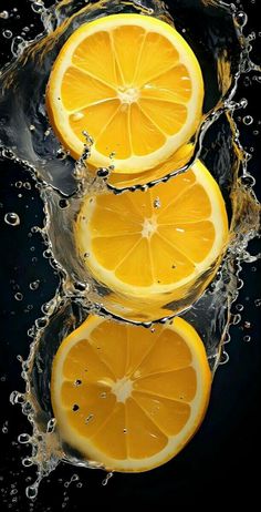 three slices of lemon in water with bubbles