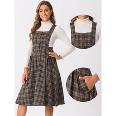 Allegra K's retro plaid dress is preppy and casual, ideal for women, ladies, or students. Featuring a flattering A-line silhouette, this overall suspender skirt suits various body types. The dress includes design elements such as a square neck, sleeveless cut, button front, high waist, belted waist, and side pockets. Perfect for casual daily wear, school days, cafe or tea time, office work, shopping, weekends, dating, street style, and graduation ceremonies. The dress is easy to pair with differ Retro Plaid Dress, Flowy Midi Dress, Elegant Midi Dresses, Target Clothes, Puff Long Sleeves, Midi Dress Casual, Suspender Dress, Khaki Dress, Sweater Dress Midi