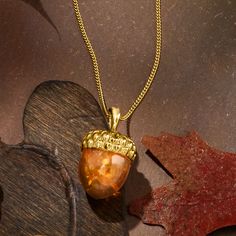 Ross-Simons - Amber Acorn Pendant Necklace in 18kt Gold Over Sterling. 18". Inspired by nature and touting a playful spirit, our unique acorn pendant necklace will be a favorite among autumn lovers. Features a 15x12mm oval amber cabochon, crafted in textured and polished 18kt yellow gold over sterling silver. Suspends from a curb chain. Natural inclusions are unique and may vary. Springring clasp, amber acorn pendant necklace. Shifting Closet, Ladies Jewellery, Acorn Pendant, Fine Jewelery, Amber Necklace, Amber Jewelry, Inspired By Nature, Curb Chain, Cute Jewelry