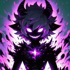 an anime character with purple eyes and demon like hair, standing in front of flames