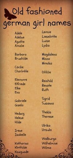 an old fashioned german girl names list with butterflies on it's back side,