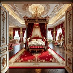 a fancy bedroom with red and gold decor