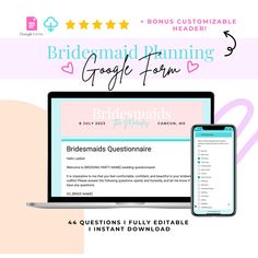 the bridesmaid planning google form is displayed on a laptop and phone