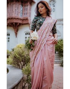 Baby Pink Saree, Pink Saree Blouse, Saree Blouse Styles, Rajputi Dress, Blouses Designs, Chanderi Saree, Gym Wedding, Tattoo Business, Sunset Blue