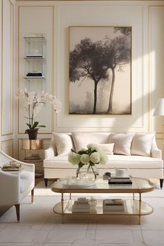 a living room with white furniture and flowers on the coffee table