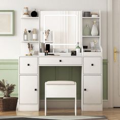 a white dressing table with a mirror, stool and shelves on the wall next to it